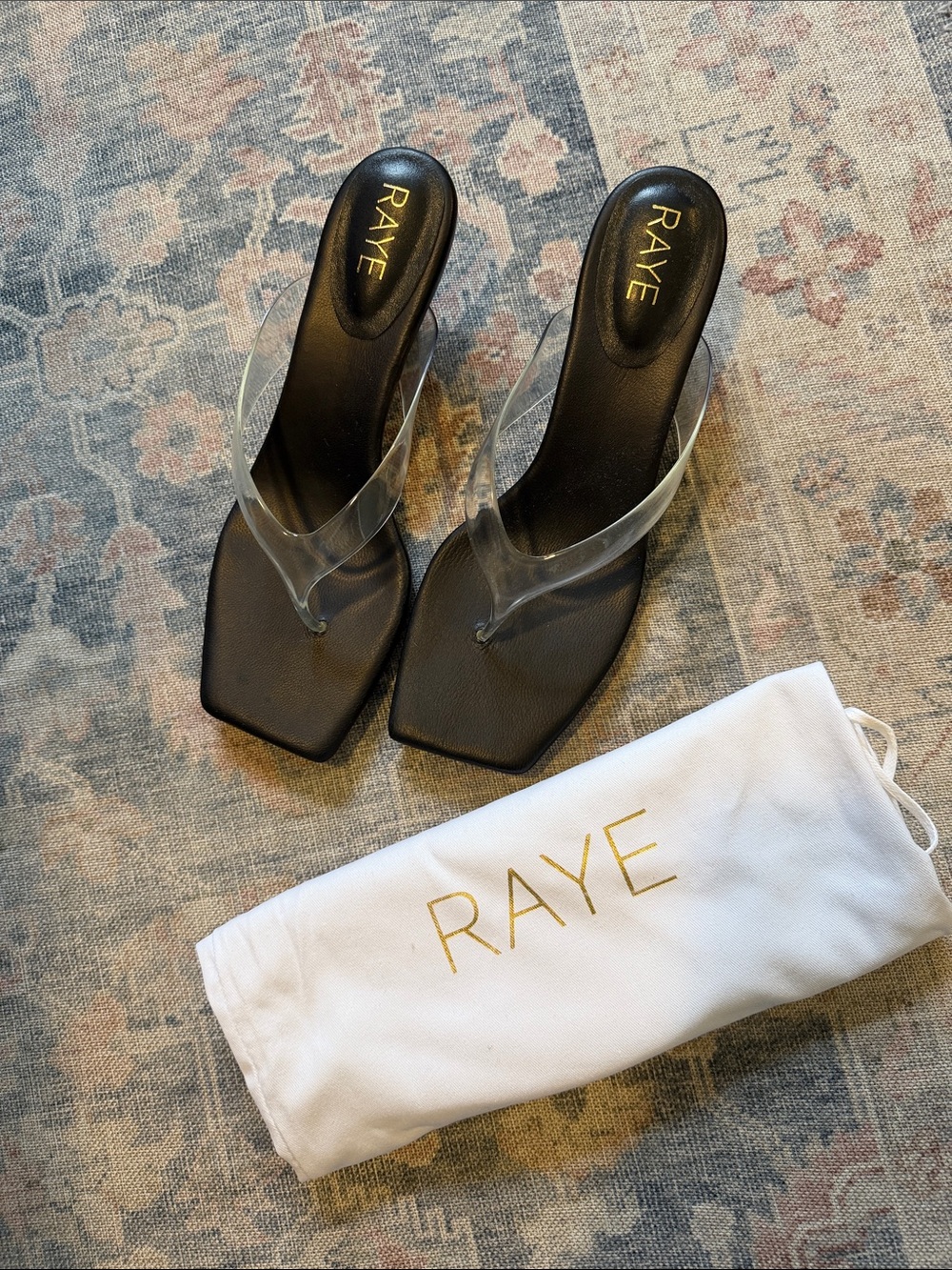 RAYE Black Square-Toe Slide Sandals with Clear Straps. Kitten heel.